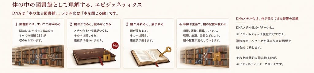 図書館、本、鍵、鍵の配置を用いてエピジェネティクスを説明するイラスト