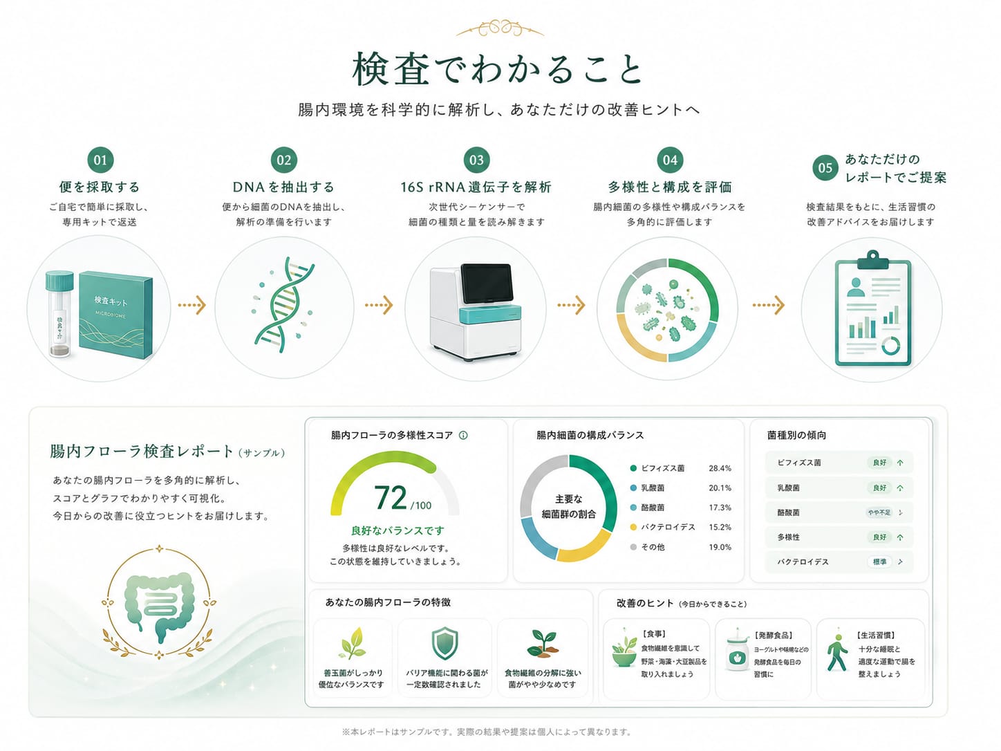 腸内フローラ検査の流れとレポートを示す図