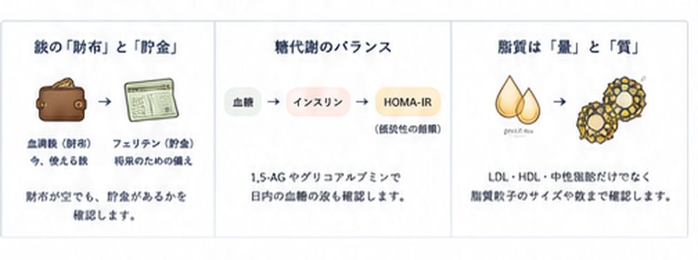 鉄の財布と貯金、糖代謝のバランス、脂質の量と質を示す3つの例の図