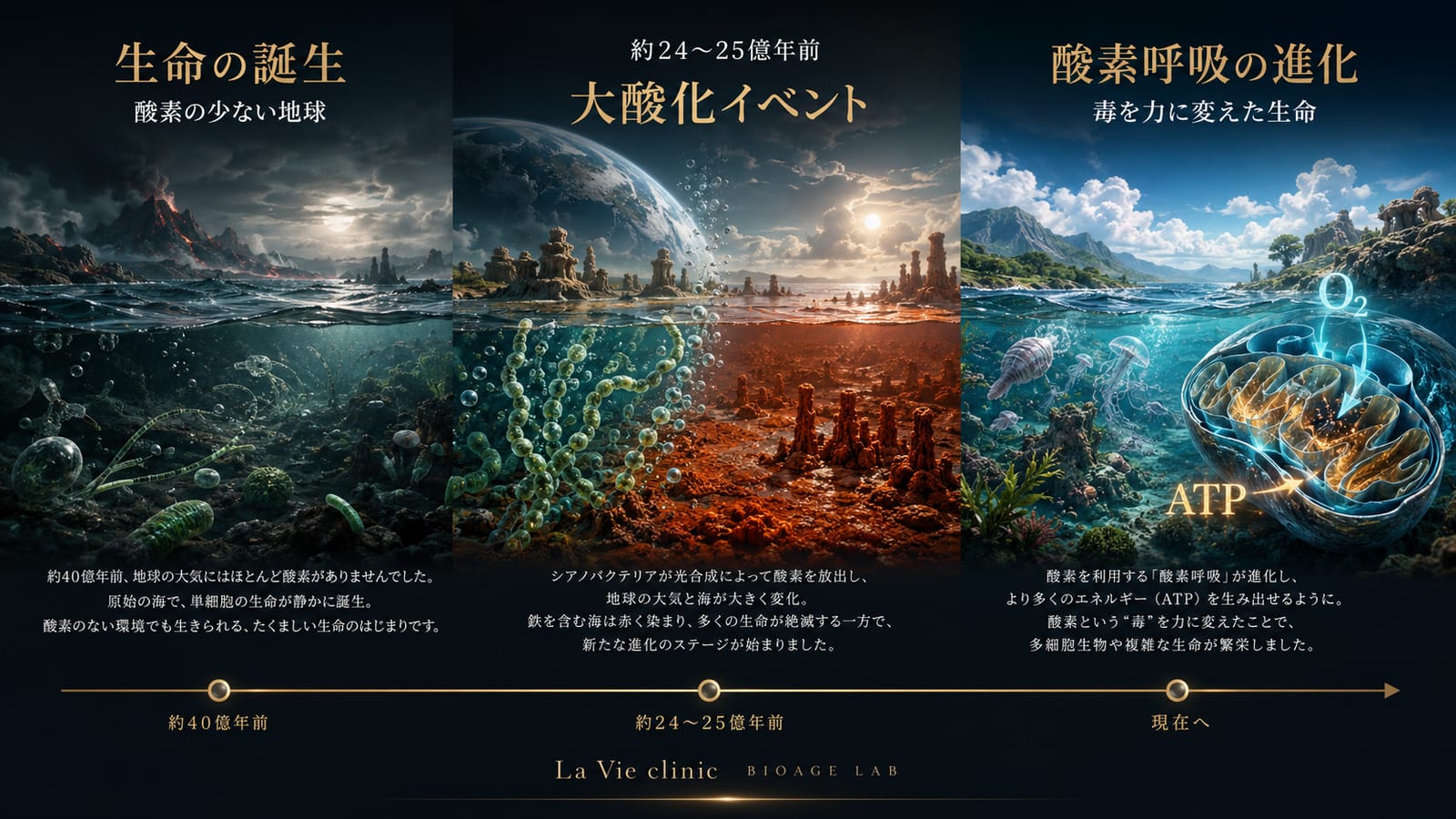 酸素でたどる生命進化の三段階を表した図